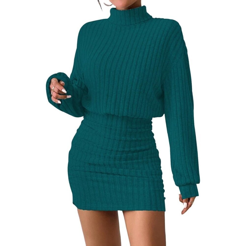 Women Peacock Blue Long Sleeve Turtle Neck Cute Ribbed Knit Pullover Sweater